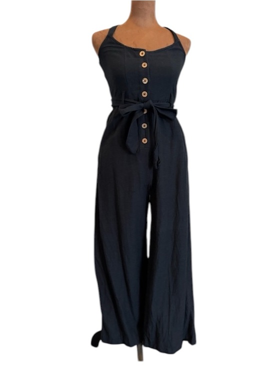 Roxy Pants - Roxy Black Linen Blend Wide Leg Jumpsuit XS Button Front Belted Pockets boho